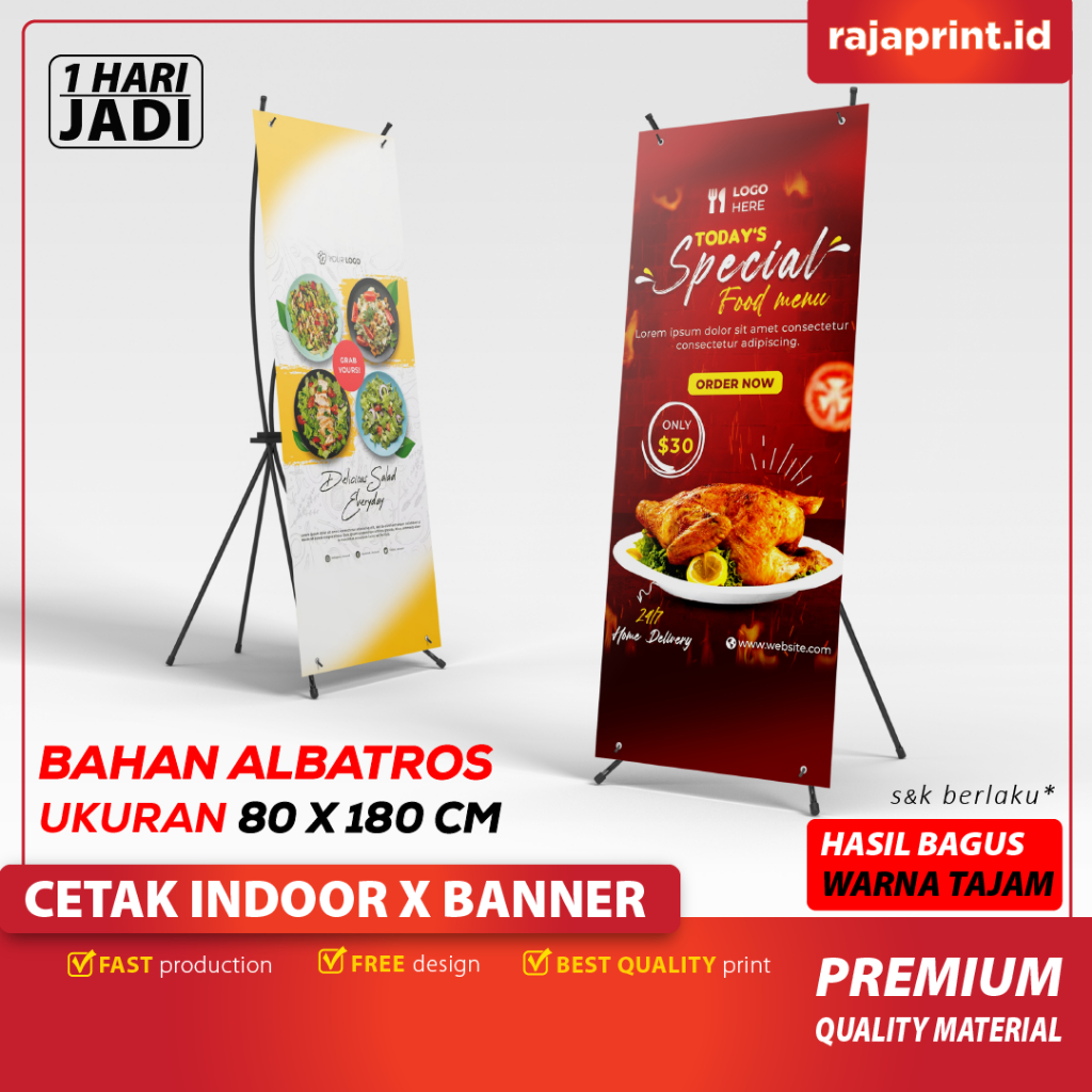 Cetak X Banner Murah | X Banner + Tiang | Ukuran 80 x 180 dan 60 x 160 -TINTA  SOLVENT 80X180, Premi