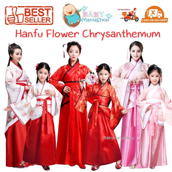 Kostum Hanfu Baju Tradisional China Motif Bunga Krisan Set Atasan Bawahan