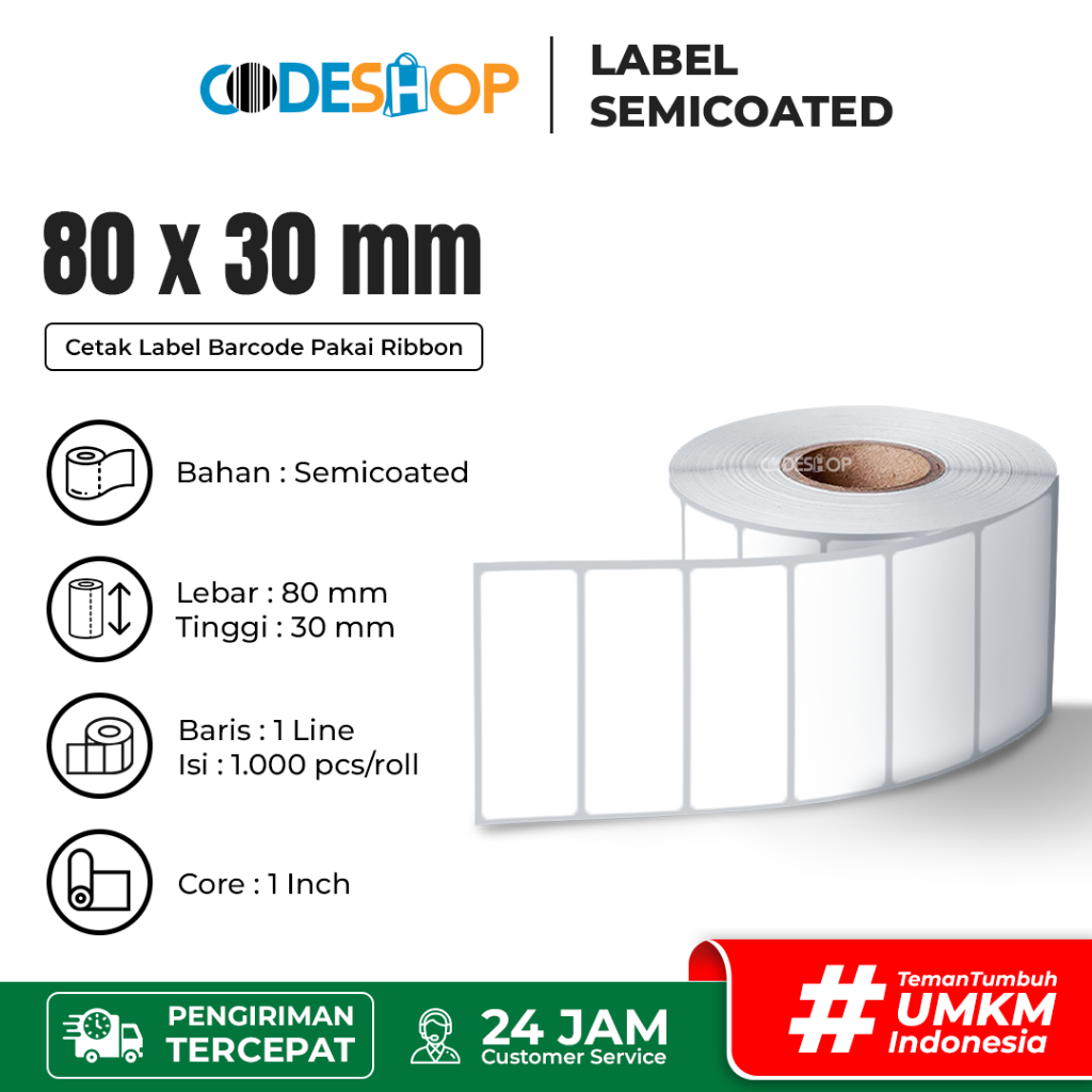 

Label Semicoated 80x30 mm Stiker 1" core Printer Barcode Zebra Gprinter