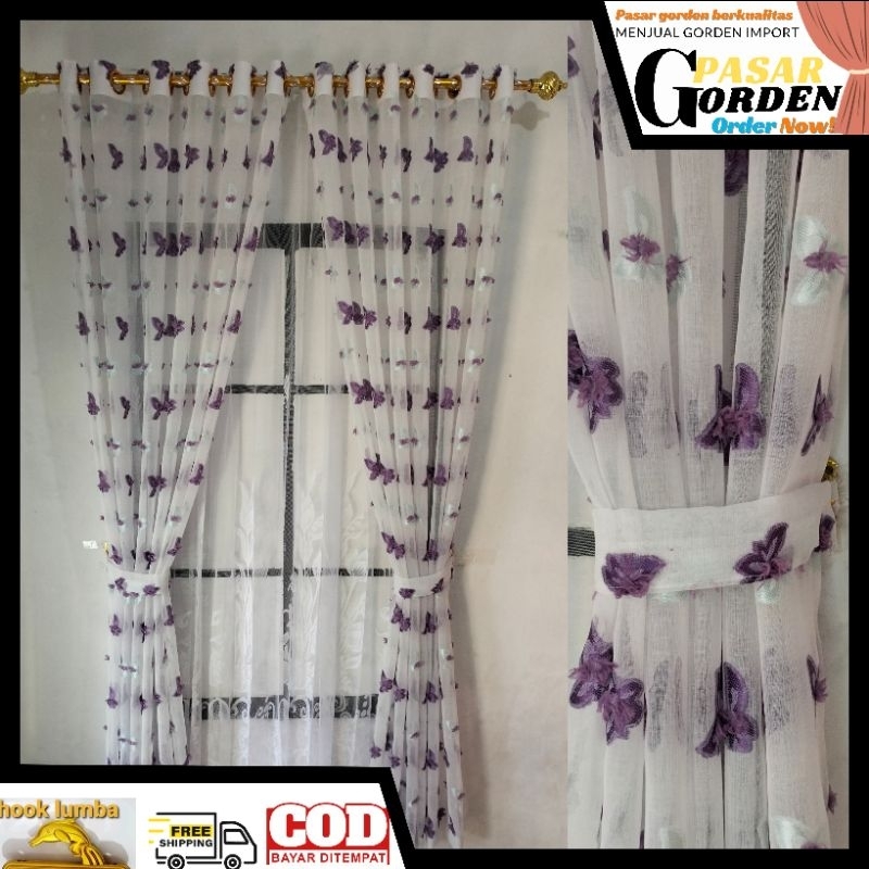 gorden Vitrase pintu rumah mewah Motif Terbaru Ruby kupu kupu ungu model smokring Ukuran L.130×T.250