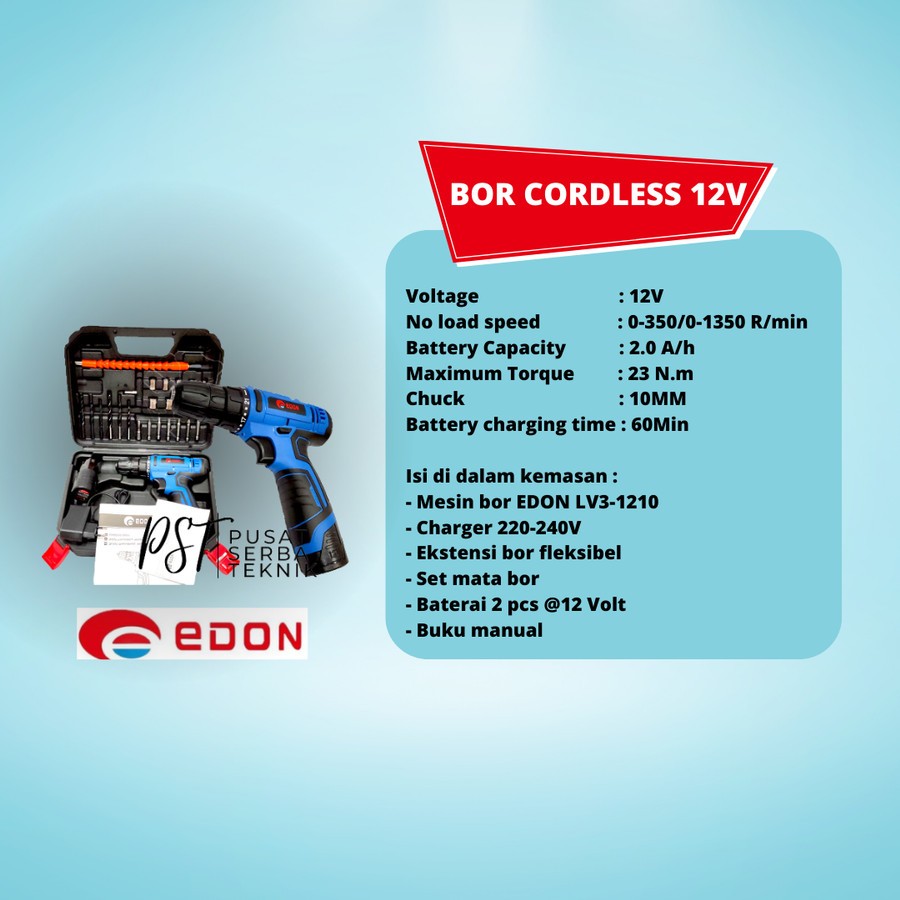 Mesin Bor Cordless Drill Tangan Bor Beton Edon 12V LV 3 1210