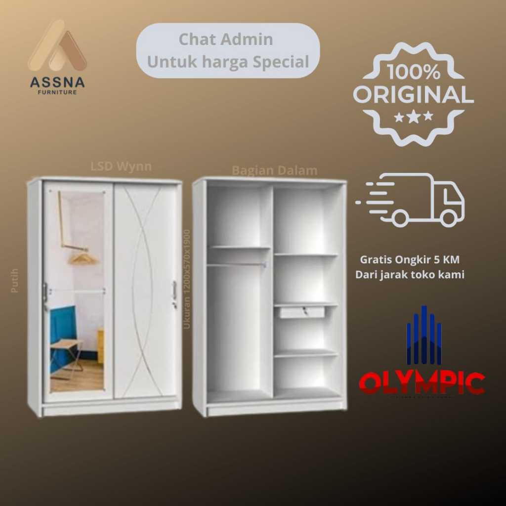 Lemari Pakaian 2 Pintu Cermin Sliding Olympic LSD Wynn Putih
