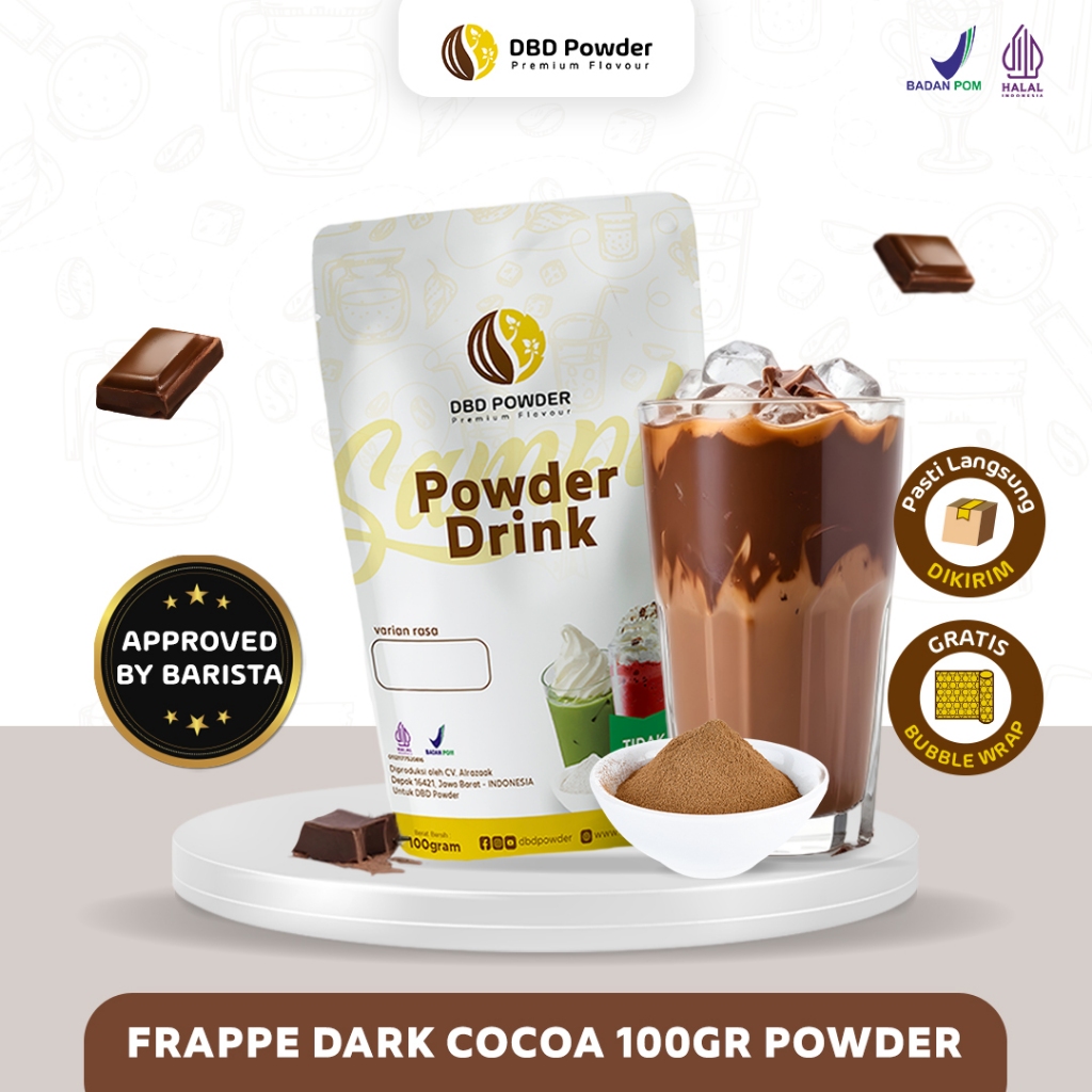 

Sample Bubuk Minuman Frappe Dark Cocoa - Sample Powder Frappe Dark Cocoa 100 Gram