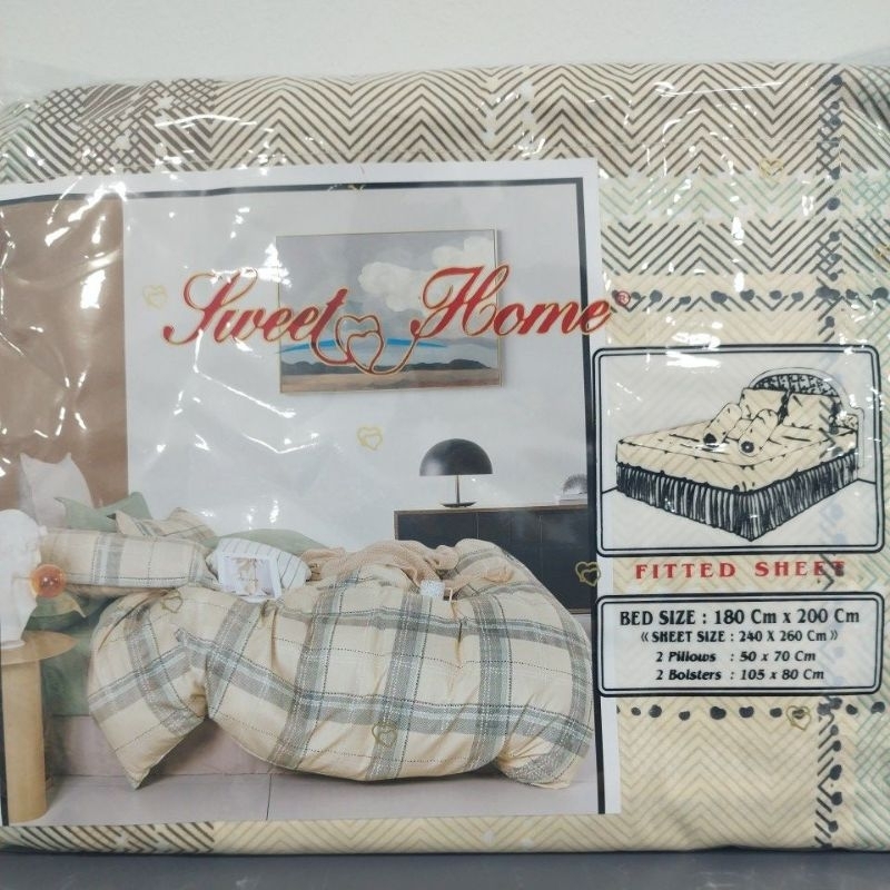 sprei karet Bahan Exclusive 180x200x30 motif kotak-kotak warna hitam hijau dasar cream