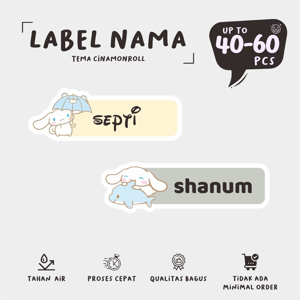 

(40 - 60 pcs) cetak stiker nama murah tema cute sanrio CINAMONROLL part 1/stiker sanrio /virall/lucu/custom nama stiker label/murah