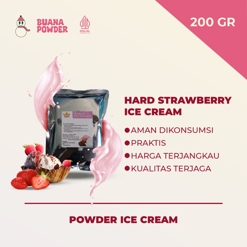 

BUANAPOWDER - BUBUK ES KRIM MURAH RASA STRAWBERRY 200 gr / HARD STRAWBERRY ICE CREAM POWDER