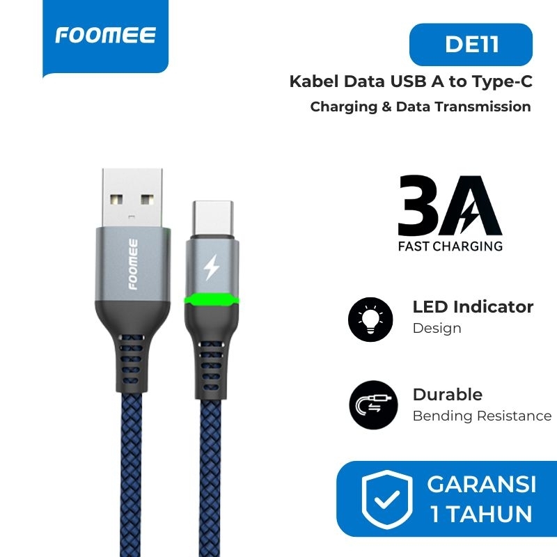 Foomee DE10, DE11, DE12 Kabel Data Type-C/Micro/Lightning Fast Charging LED Indicator 1M