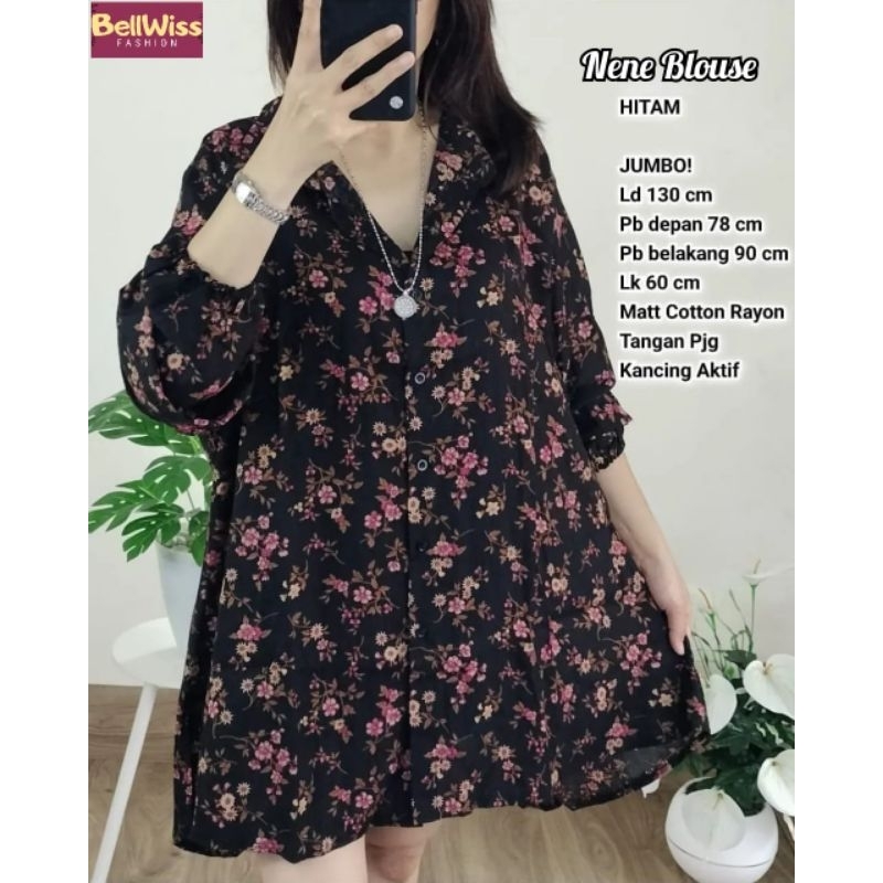 NENE BLOUSE TOP ATASAN BLOUSE BAJU KEMEJA OVERSIZE WANITA CASUAL MOTIF BUNGA JUMBO COTTON RAYON LD 1
