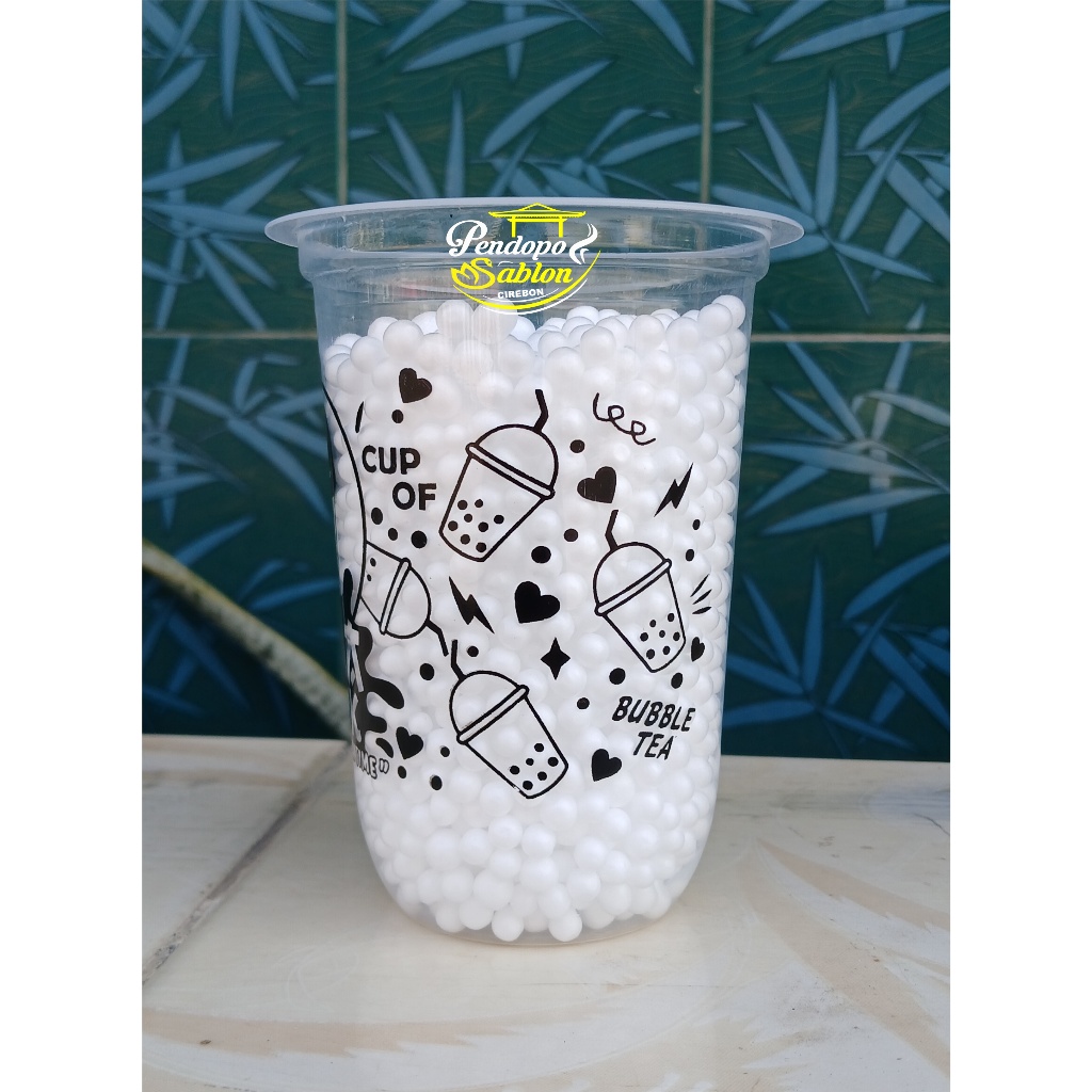 Fast_Buying Gelas Cup Plastik Motif Boba 14Oz 16Oz 18Oz 22Oz Oval Datar/ Cup Boba / Sedotan Boba