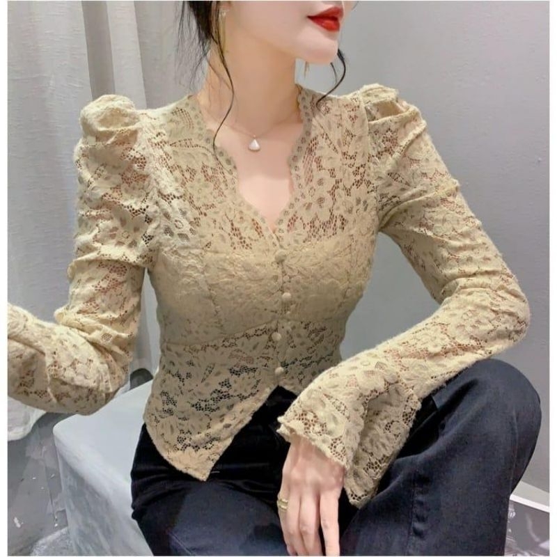 3970 BAJU ATASAN BLOUSE LACE BROKAT VNECK SALE MURAH BLOUSE 3M THREE M EVANDA LACE TOP KOREA KOREAN 