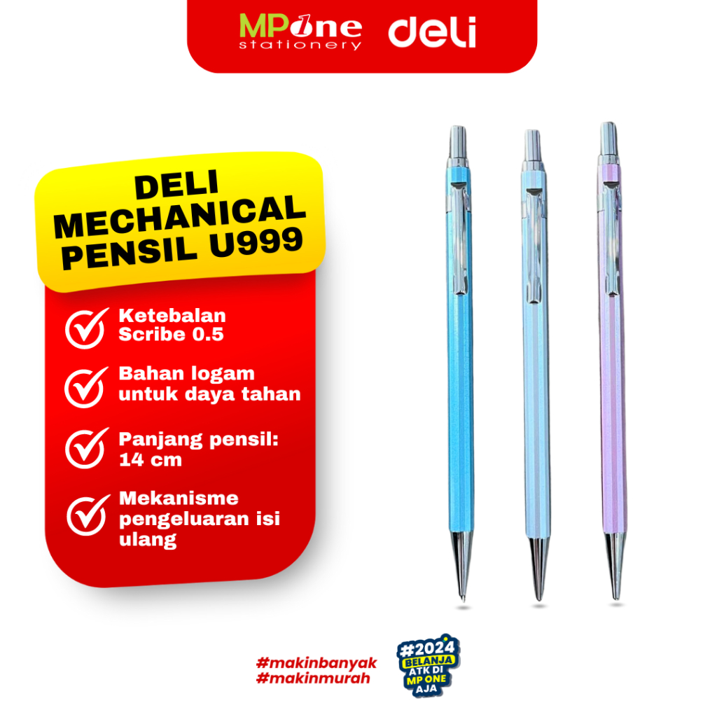 1 PCS) Deli Pensil Mekanik 0.5mm U999 Warna Metalic / Mechanic Pencil 2B Cover Metalik Deli Scribe U