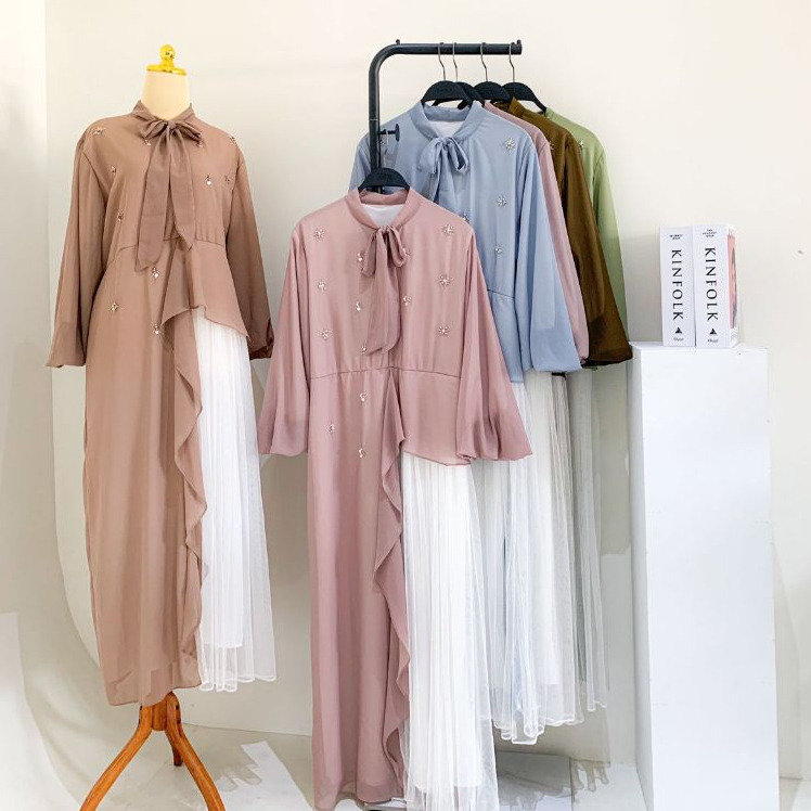 GROSIR LV633P (6pcs) - Dress Maxy Wanita Muslim Matt Ceruty Babydoll Mix Tille Hyget