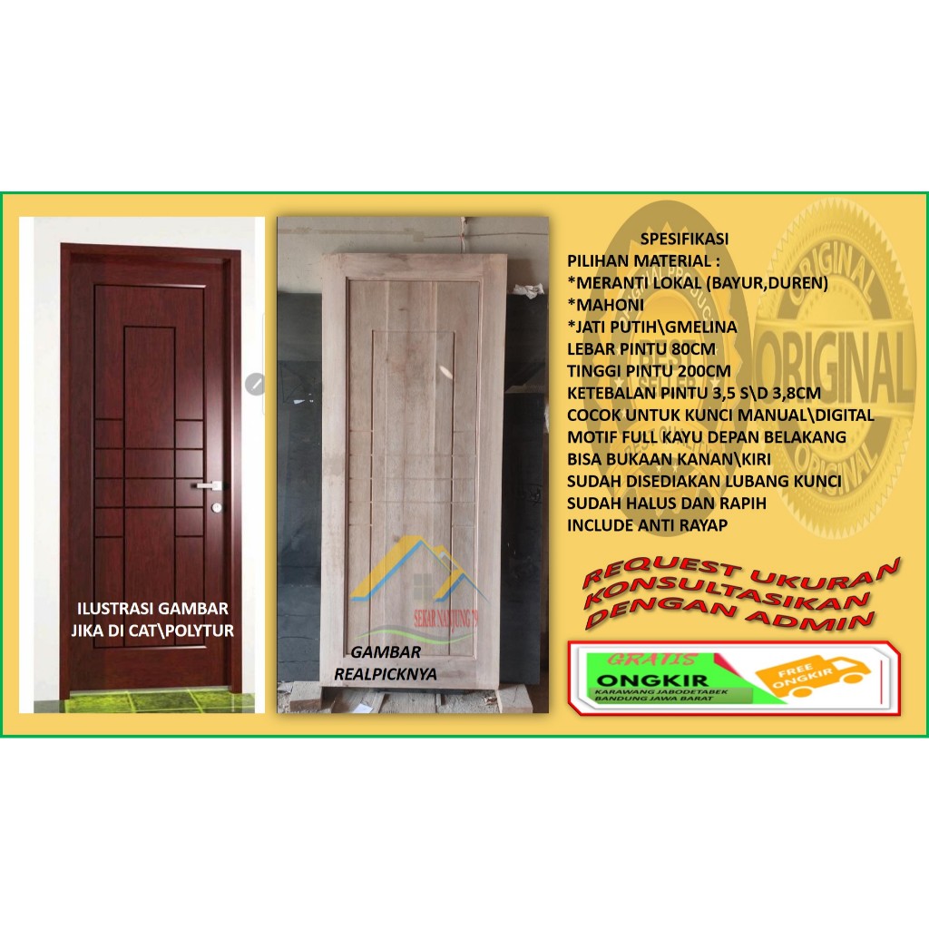 KUSEN+DAUN PINTU UK 80X200CM KAYU MAHONI PERHUTANI,JATI PUTIH FULL TEBAL DAN KOKOH