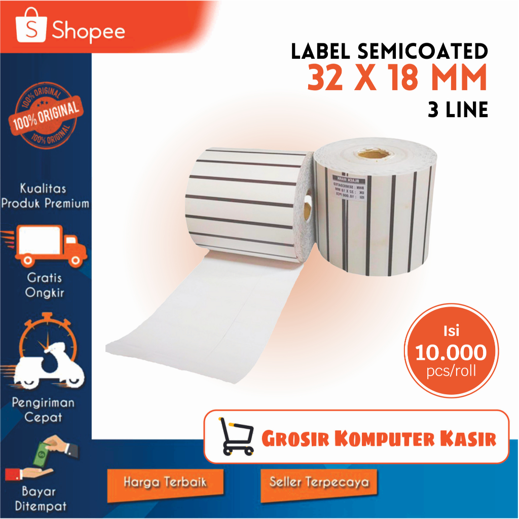 

LABEL BARCODE 32 X 18 (3 LINE) KERTAS STICKER LABEL SEMICOATED 32x18