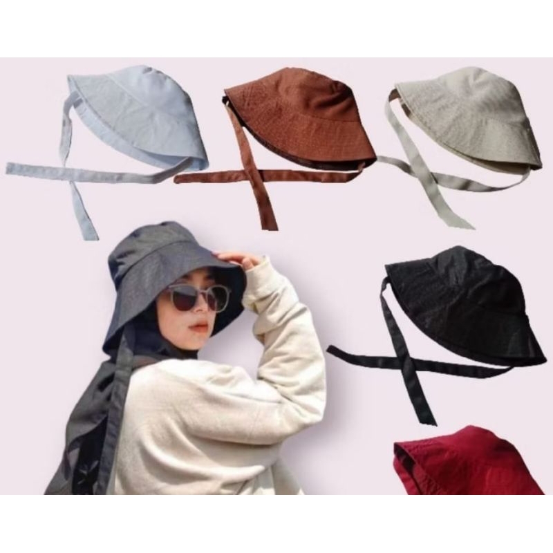 Topi Wide Bucket Hats Tali Panjang Topi Pantai Polos Wanita Dewasa