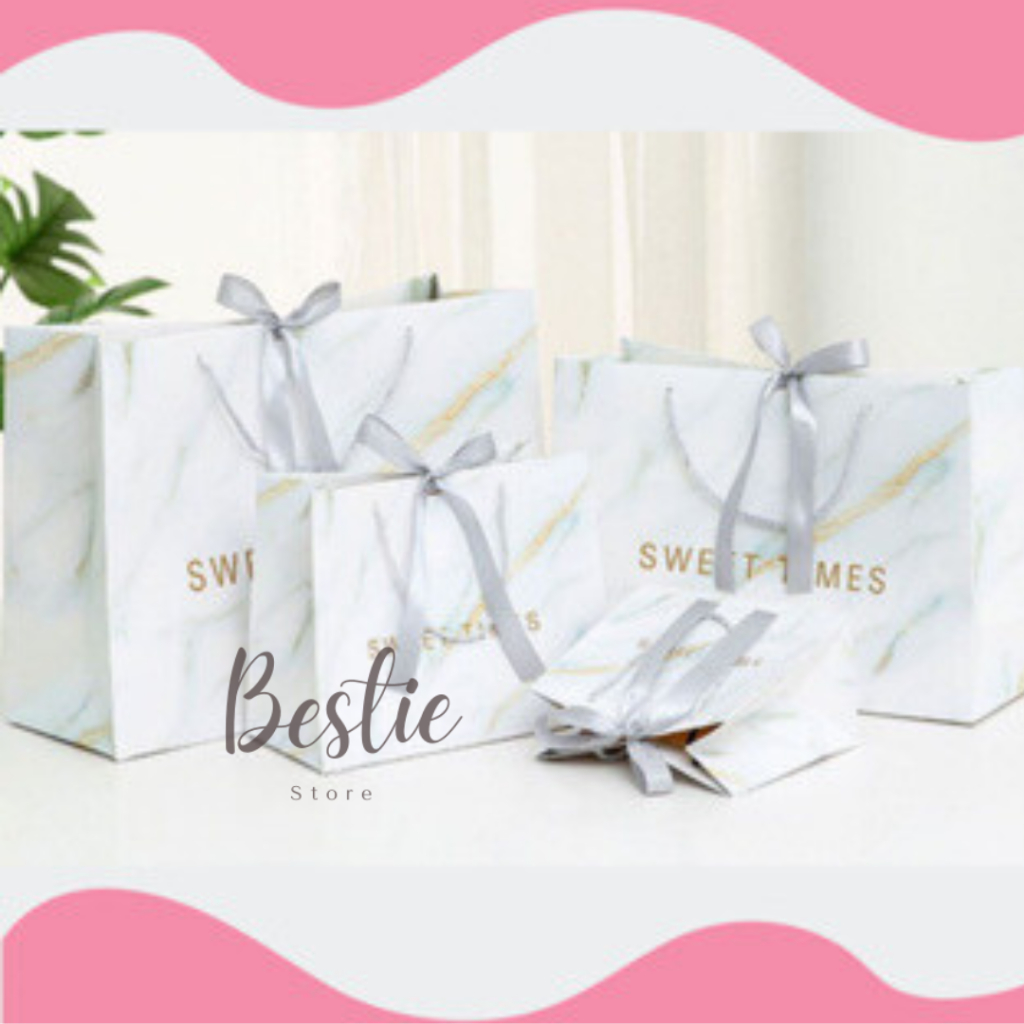 

Bestie Paper Bag Paperbag Aesthetic Korea Tas Karton Kado Hadiah Gift Bag Pita Silver Marble Banyak Size Premium