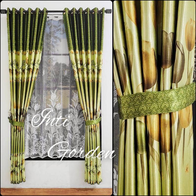 Gorden Smokering Kain Blackout Import Motif Tulip Hijau