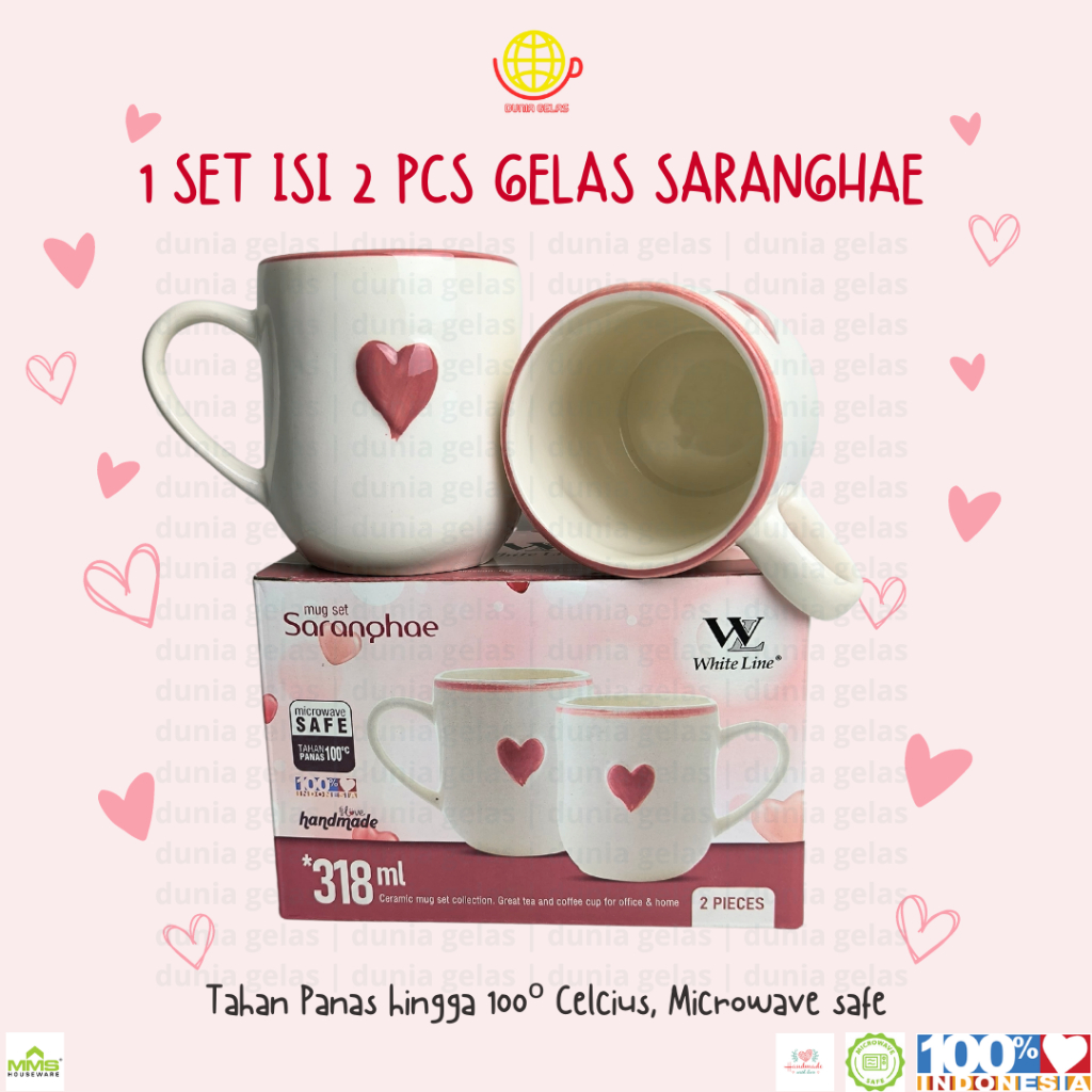 1 Set isi 2 pcs Gelas Mug Saranghae 318 ml / Gelas Keramik Set / Gelas Kado / Cangkir Keramik Motif