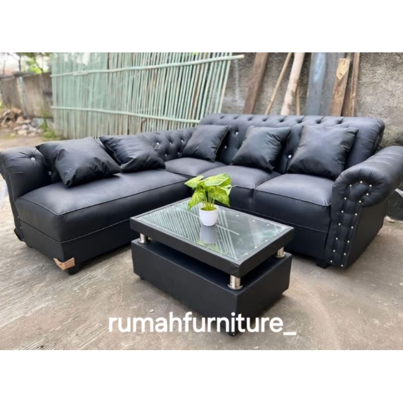 SOFA L SUDUT KANCING||SOFA KULIT MINIMALIS