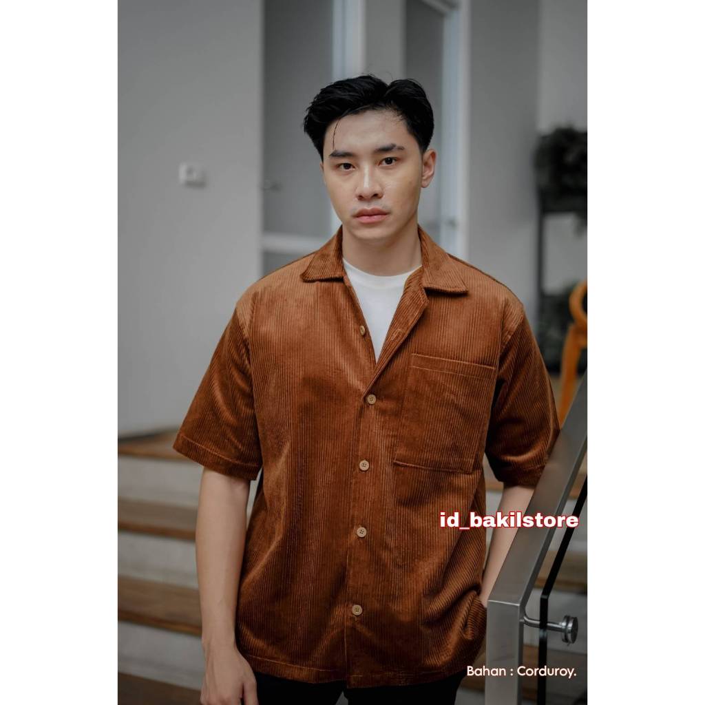Kemeja Pria Lengan Pendek CORDUROY / Kemeja Corduroy Cuban Bowling Shirt / Kemeja Lengan Pendek Pria