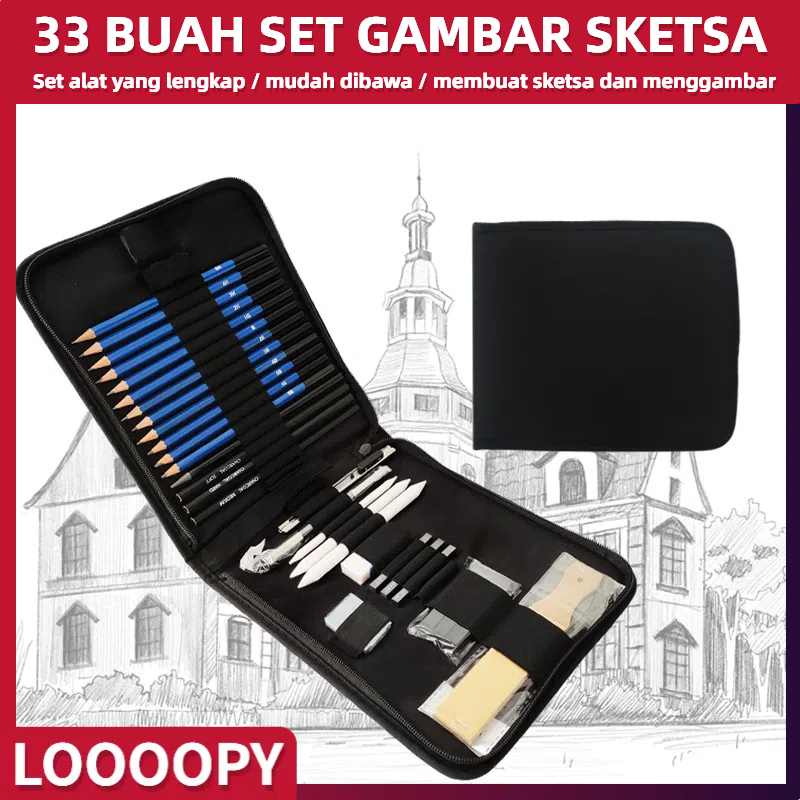 

33PCS Set Sketch Pensil Pensil Pisau Penghapus Dan Pensil Gambar Untuk Keperluan Sekolah Pencil Set