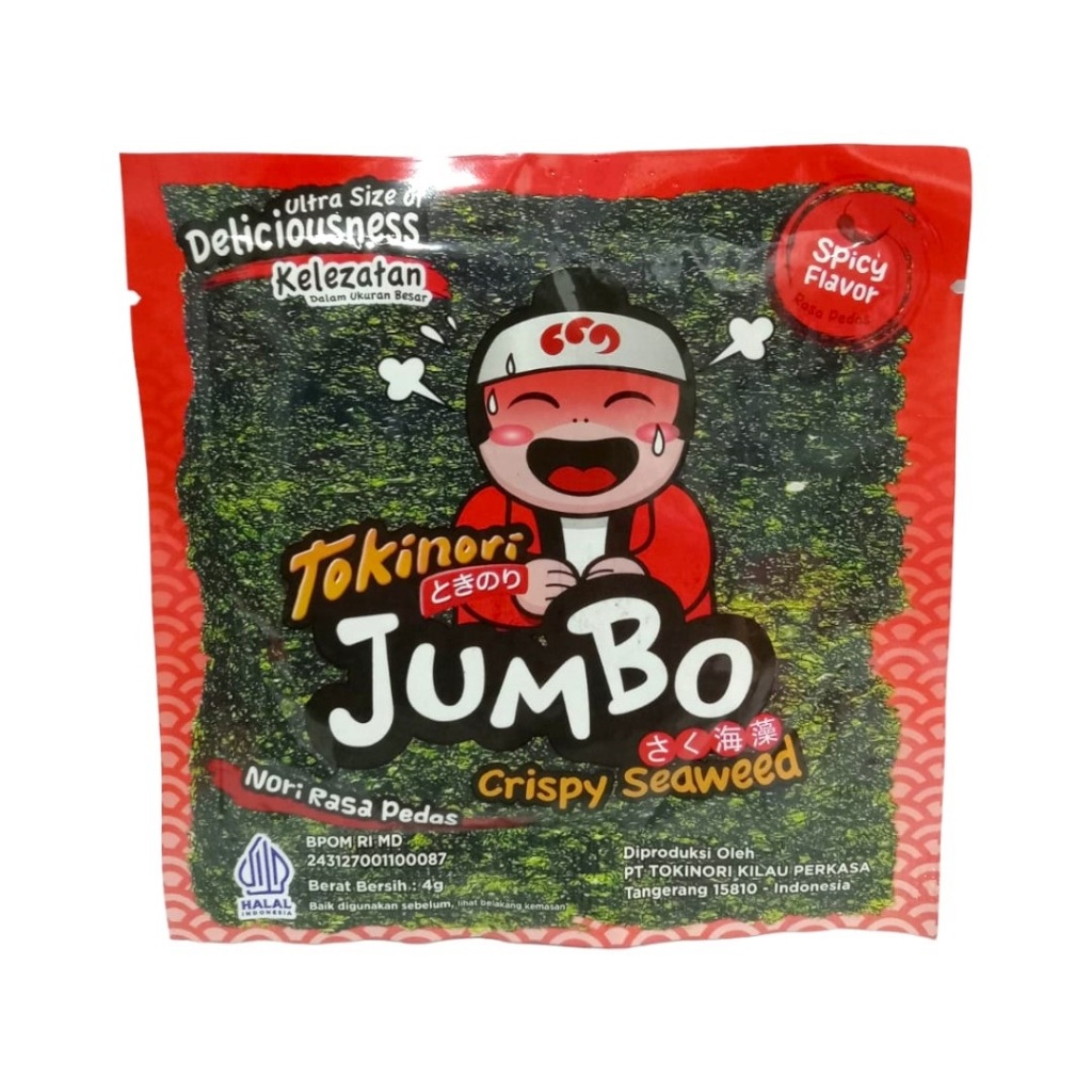 

Snack rumput laut seaweed nori Tokinori Jumbo Crispy Spicy Pedas Halal 4 Gram (satuan]