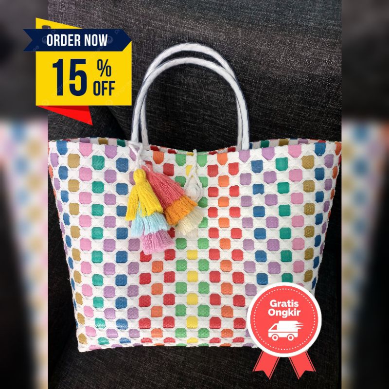 Tas Wanita Belanja Keranjang Anyaman Plastik Hampers Souvenir Jinjing Bali Super Premium Rotan Rajut