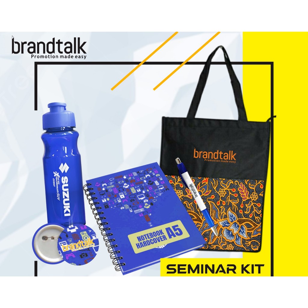 

Tas Totebag D300, Tumbler, Pulpen, Notebook Hardcover A5, Pin - Paket Seminar Kit Custom - SS 2