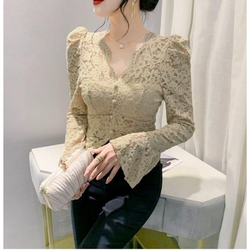 3970 Atasan Pakaian Fashion baju blus blouse blouses kemeja lengan panjang lace renda vineck mocca p