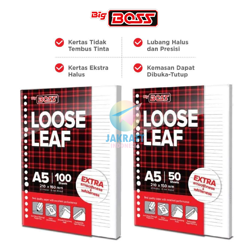 

(1 Pack) Kertas File Loose Leaf BIG BOSS A5 Isi 50 / 100 Lembar Putih White Bergaris u/ Segala Binder Note 20 Lubang Ring Rings