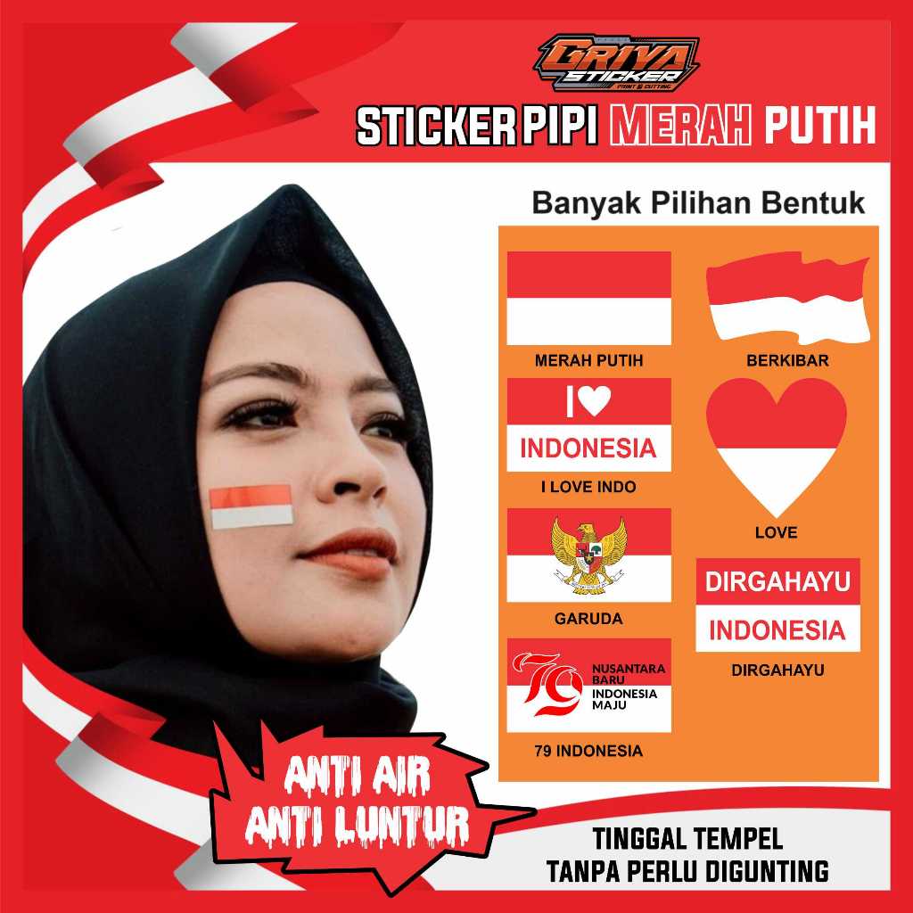 

Stiker Pipi Bendera Indonesia / Sticker Merah Putih / Sticker Bendera Tempel Pipi / Anak Dewasa / DIRGAHAYU INDONESIA