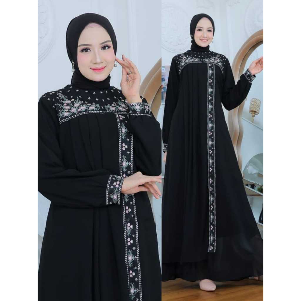 PROMO TERBARU-Gamis Bordir Terbaru 2024-Rania Dress Material Ceruti Full Furing Aplikasi Bordir-Gami