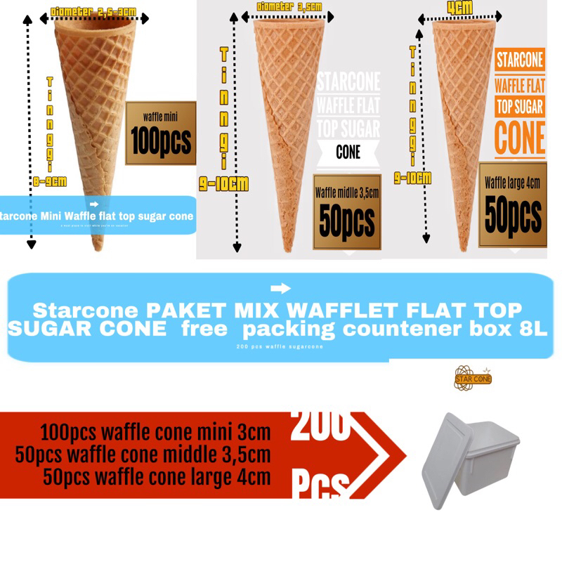 

STARCONE PAKET MIX 200pcs(mini,middle,large)WAFFLE FLAT SUGARCONE Packing Box 8L