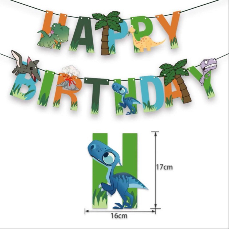 Banner tulisan happy birthday karakter hewan binatang animal dinosaurus dino dinosaurs bunting flag 