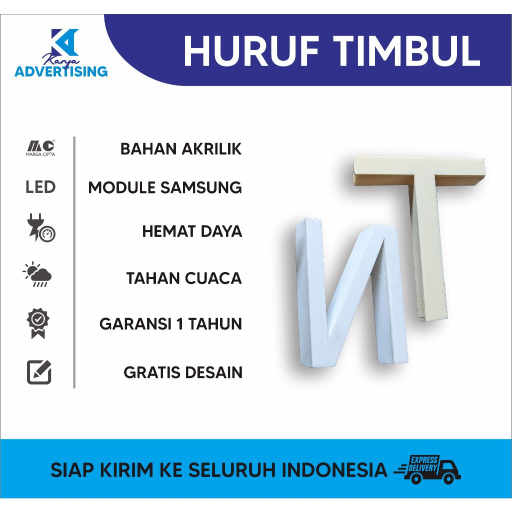 Huruf Timbul Full Akrilik Menyala Font Huruf Bebas Custom Bahan Awet Tahan Air LED Terang Hemat Daya