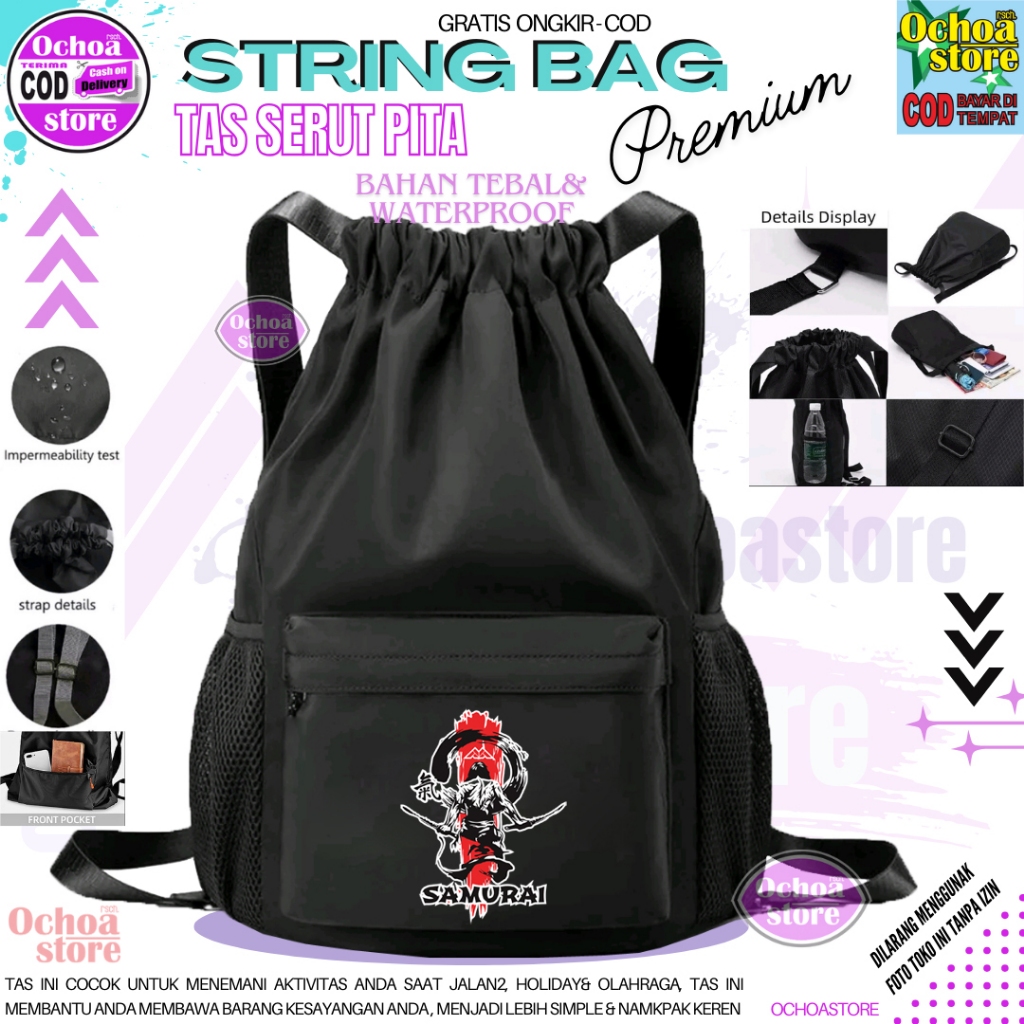 Ransel serut Hitam pria wanita Bahan kondura String Bag Pria dan Wanita / Tas Serut Unisex/ Tas Pung