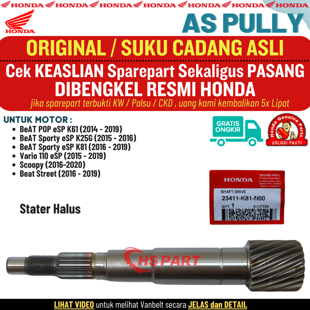 AS Pully Pulley Beat Fi Esp Street POP Scoopy Vario 110 Fi Esp Stater Halus Original Honda 100%