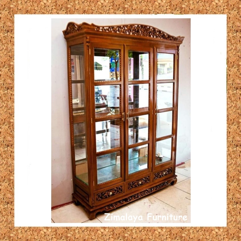 LEMARI HIAS KACA 3 PINTU, LEMARI HIAS BUKU 3 PINTU KACA KAYU JATI PRODUK ASLI JEPARA BERKUALITAS