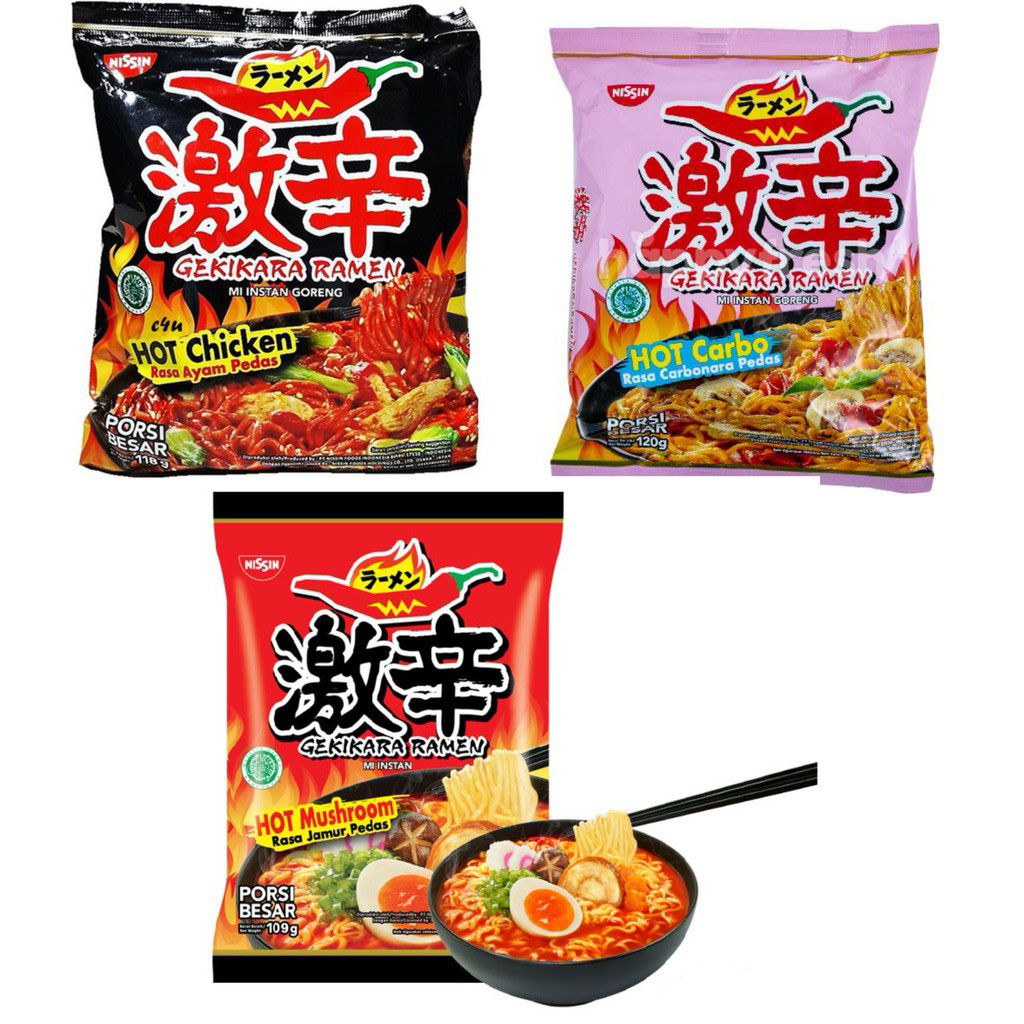 

Nissin gekikara ramen rasa carbonara pedas / mushroom pedas / goreng pedas