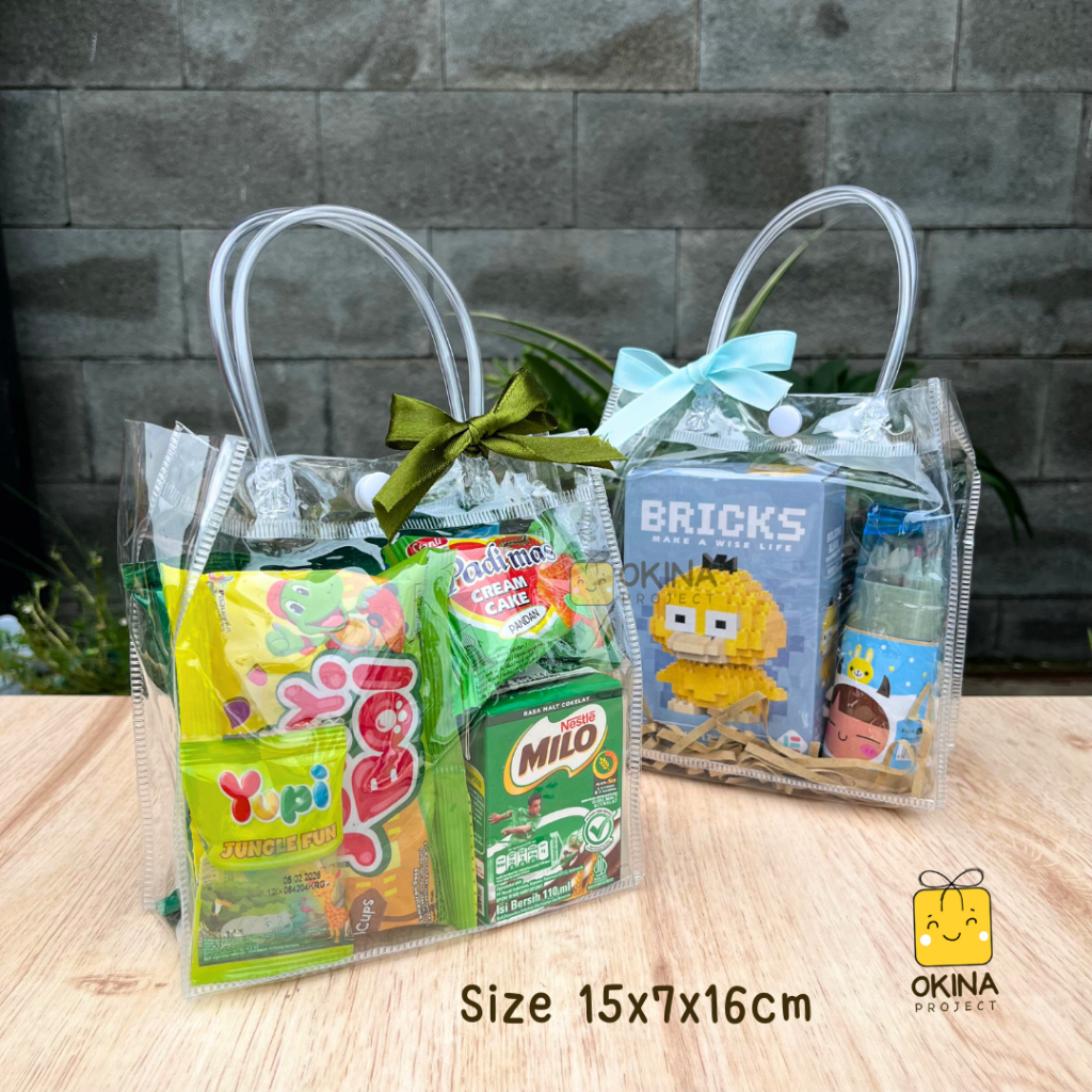 

[PREMIUM - 15x7x16] OKINA Tas Mika Transparan | Tas PVC Bening | Tas Hampers Polos | Goodiebag Hampers | Gift Bag | Souvenir Ulang Tahun