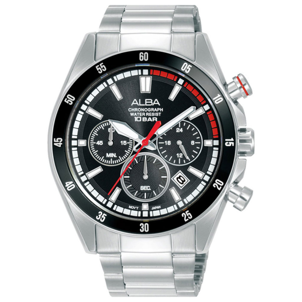 JAM TANGAN PRIA ALBA ACTIVE AT3J29 AT3J29X1 ANALOG SILVER BLACK STAINLESS STRAP