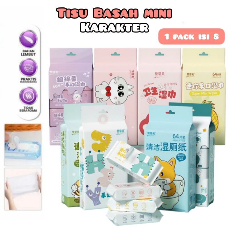 Tisu Basah Mini Karakter Tisu Basah Lucu Wet Wipes Tisu Praktis Travel Mini Pack Set 8 in 1