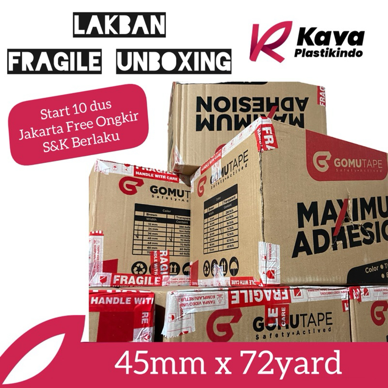 

Lakban / Selotip / Isolasi FRAGILE Handle With Care / Mudah Pecah Belah / FRAGILE UNBOXING 45mm x 72yard DUS