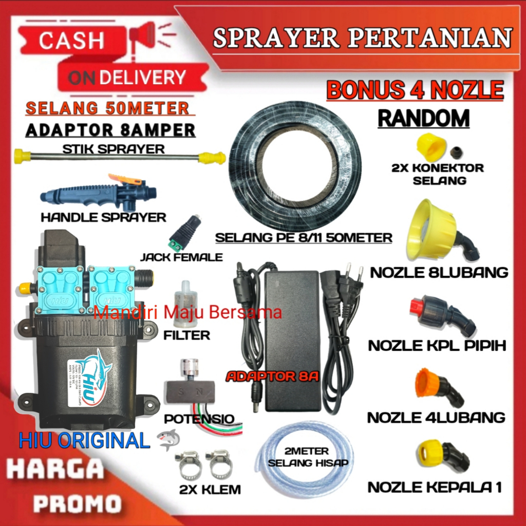 PAKET ALAT SIRAM MISTING SPRAYER HAMA DINAMO POMPA DC HIU DOBEL SELANG 50 METER ADAPTOR 8A