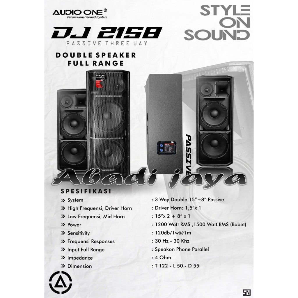 speaker pasif audio one dj2158 15 inch x 2 double 3 way full range