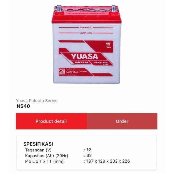 [SULTENG] Baterai Aki Basah YUASA NS40 32B20R / Aki Basah Yuasa Pafecta 12V 32AH Aki Accu Aki 12V