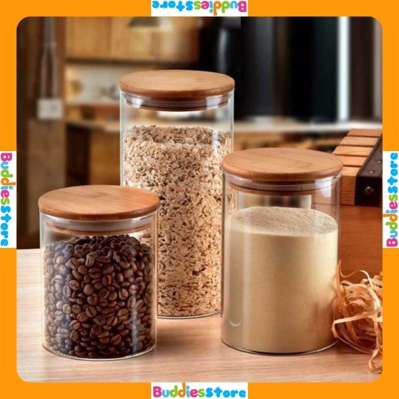 Toples Kaca Set Sealed Tank Tutup Kayu / Toples Kaca isi 3
