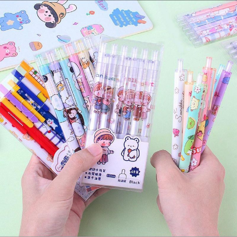 

Pulpen Gel 0,5mm 6 pcs Pen Bolpoin Tinta Gel Cair Model Cetekan isi 6 pcs Pena Aesthetic