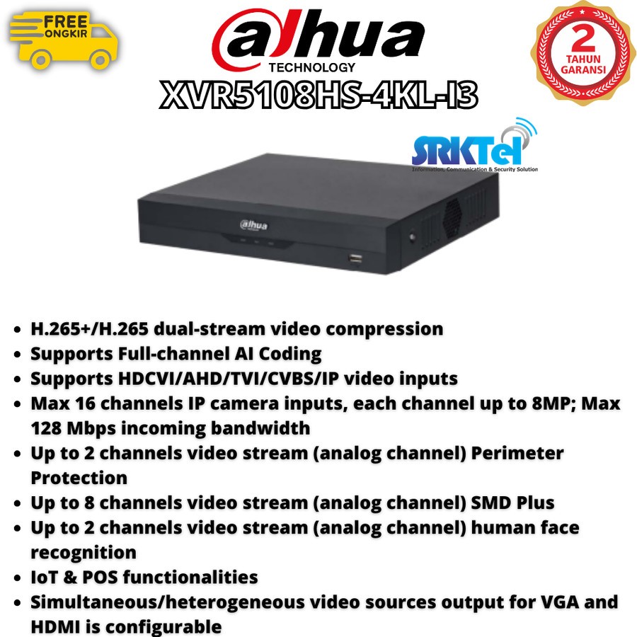 Dahua XVR5108HS-4KL-I3 DVR CCTV 8 Channel Support up to 8MP 4K