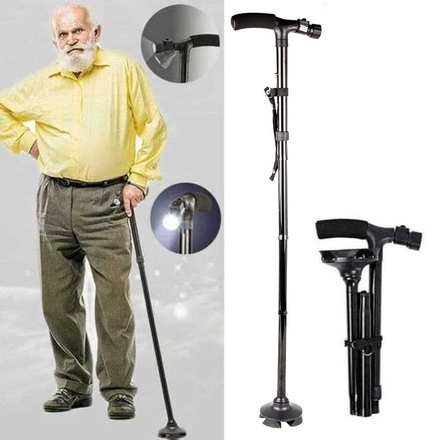 Tongkat Jalan Lansia, Tongkat Lipat Kaki 4, Aluminium, Lampu LED